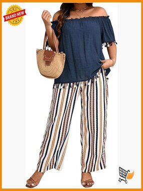 Plus Size 2 Piece Off Shoulder Top & Striped Pants Set
